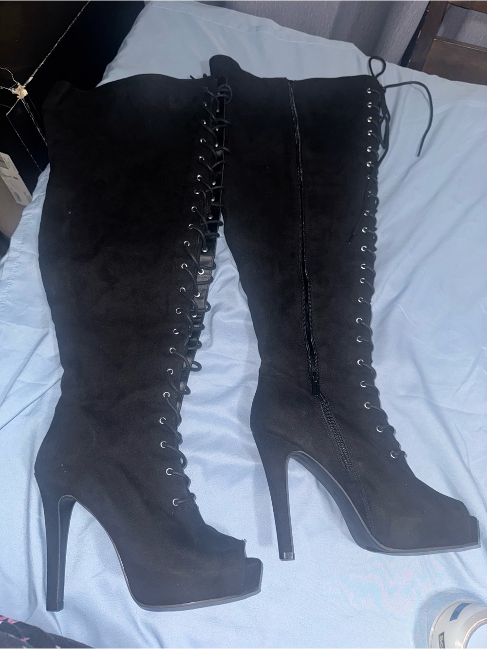 Women’s Black Lace-Up Knee-High Peep-Toe Heel Boots